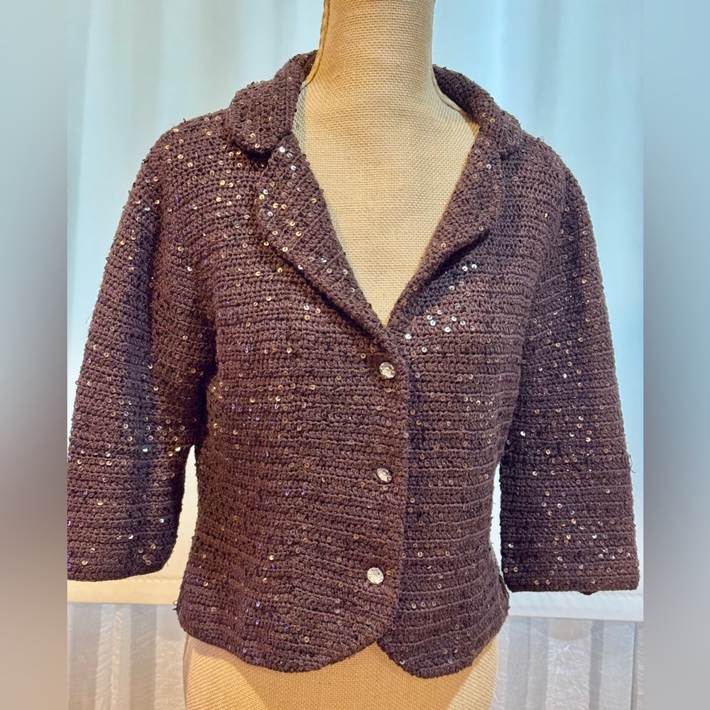 Fresh Twist Brown Knit Sweater Jacket, sequins touch, inspired by Brunello, S